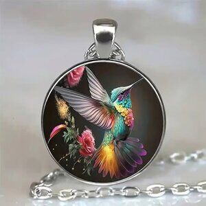 Silver HUMMINGBIRD Glass Cabochon Pendant Necklace